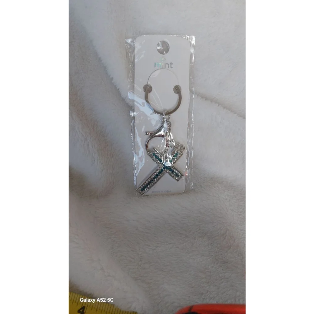 Teal and Silver Rhinestone Cross Keychain